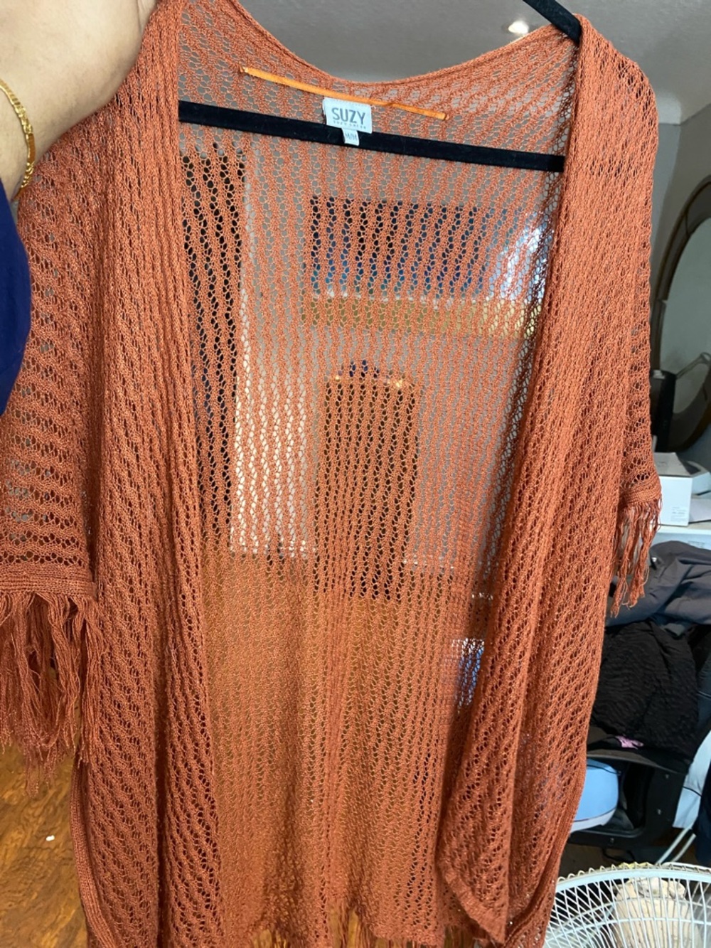 Rust Open-Knit Fringe open front Coverup - Picture 6 of 6